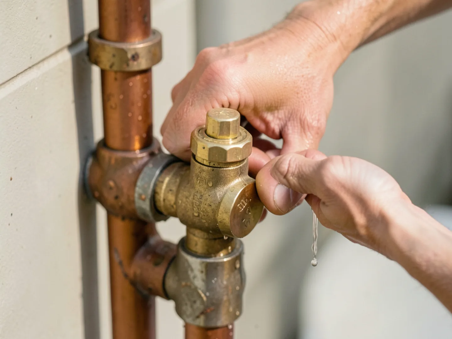 Close-up of homeowner hand turning a brass quarter-turn ball valve to shut off water