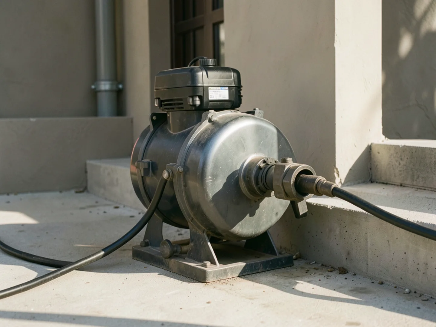 Heavy-duty motorized drain cleaning machine operating beside an exterior sewer cleanout