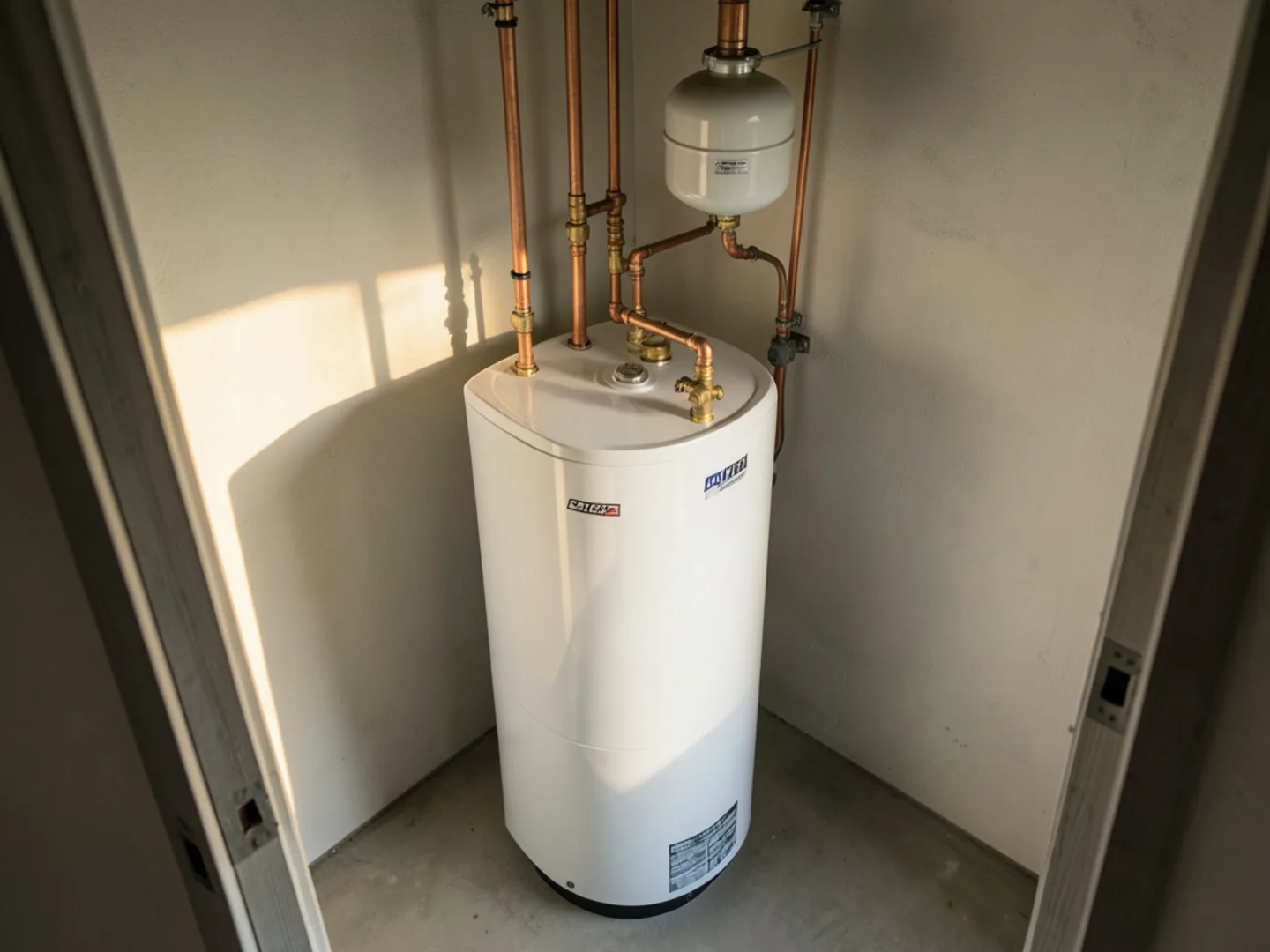 Natural gas residential water heater with thermal expansion tank and seismic strapping