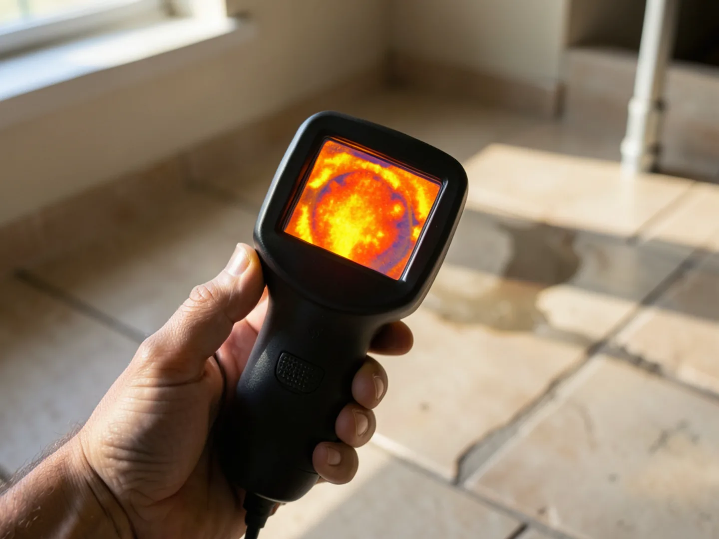 Thermal infrared camera screen showing bright orange heat signature of an under-slab hot water leak