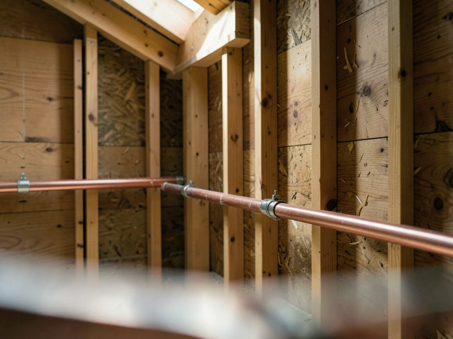 New Type L copper water supply lines running through open wall framing