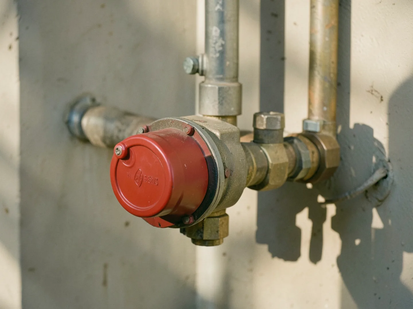 Earthquake natural gas shutoff valve attached to exterior gas utility meter manifold