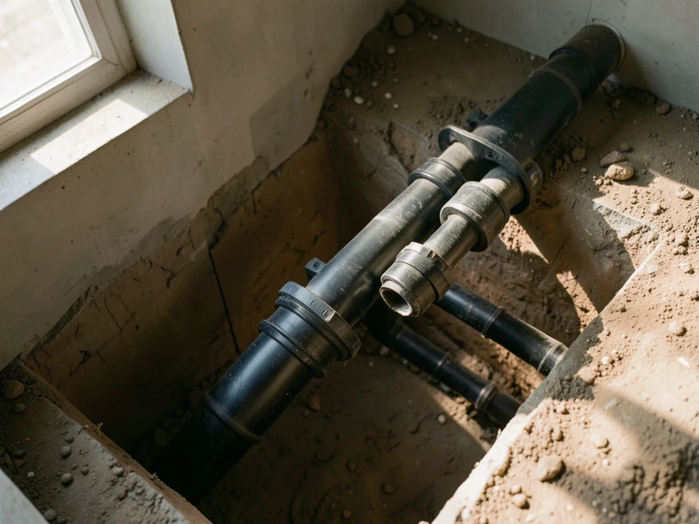 Seamless HDPE sewer pipe being drawn into an underground excavation entry pit