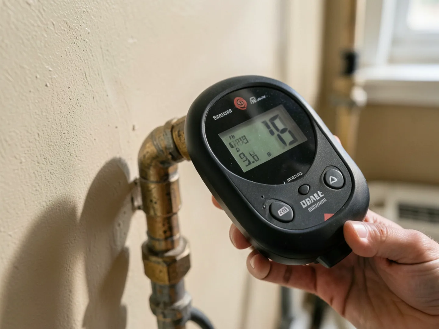 Digital pinless moisture meter pressed against baseboard to test for hidden water intrusion
